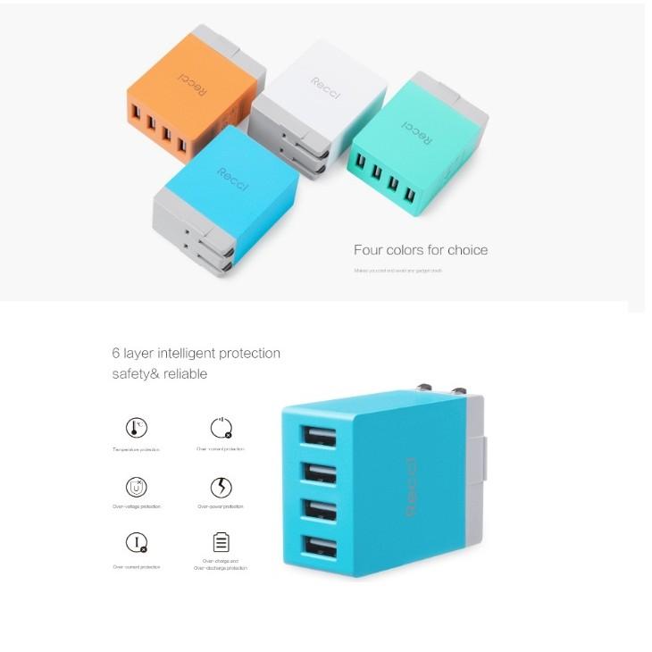 CỐC SẠC RECCI CUBE 4 CỔNG USB CHUẨN 2A