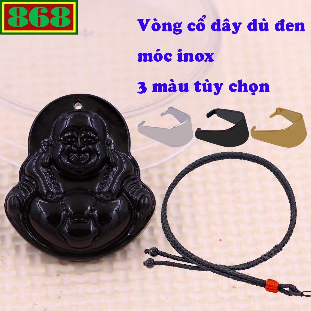 Mặt Phật Di lặc đá thạch anh đen 4.3 cm kèm vòng cổ dây dù đen + móc inox, mặt dây chuyền Phật cười