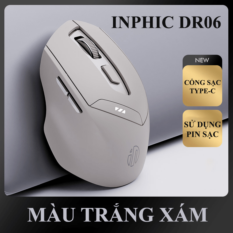Chuột không dây bluetooth kiêm wireless INPHIC DR6 Silent không tiếng click (màu xám tro) Nhất Tín Computer
