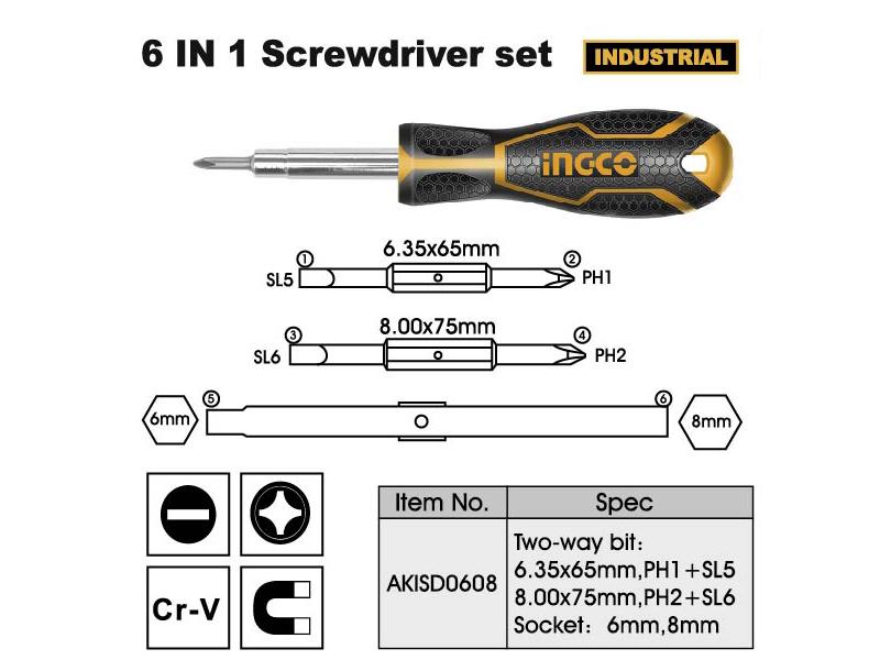 Bộ tua vít 6 đầu Ingco AKISD0608