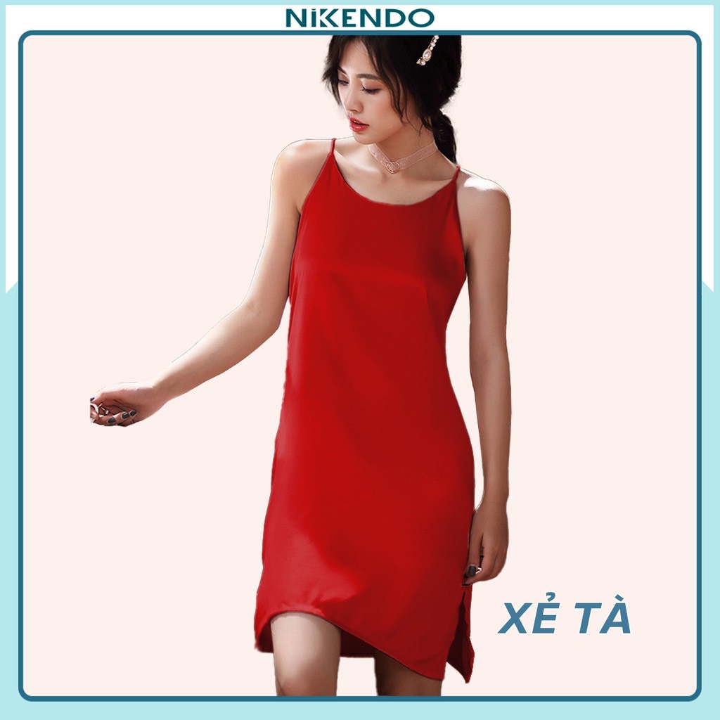 Xả Hàng Đầm 2 Dây Cổ tròn- Đầm Lụa Xẻ Tà Gợi Cảm