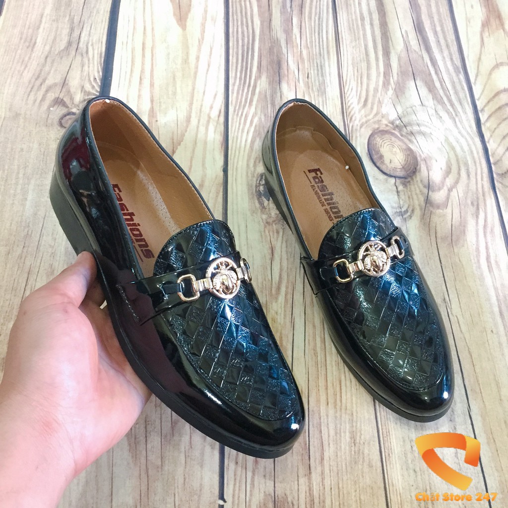 Giày tây nam da bóng mũi nhọn hàn quốc đập vân ô vuông loogo GC ( chất store )
