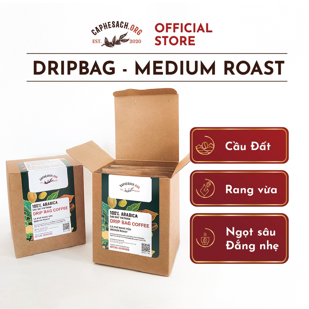 Cà phê túi lọc drip bag 100% arabica rang vừa - hộp 8 gói x 15g