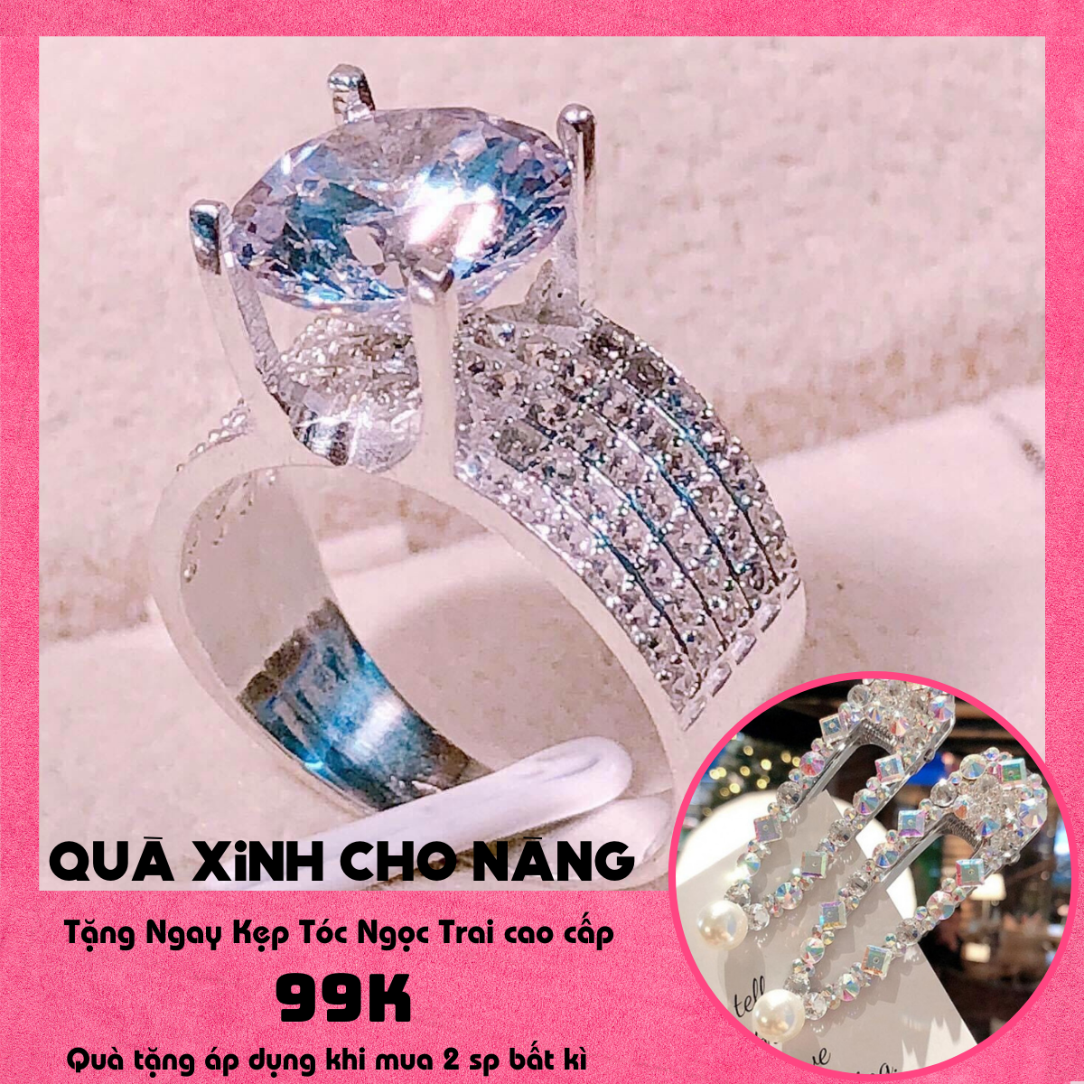 Nhẫn nữ đẹp, nhẫn nữ mạ vàng trắng bản lớn đính đá pha lê, nhẫn bạc Ý nhẫn bạc kim nhẫn xi kim sáng siêu xinh đẹp - Trang Sức GADO N066