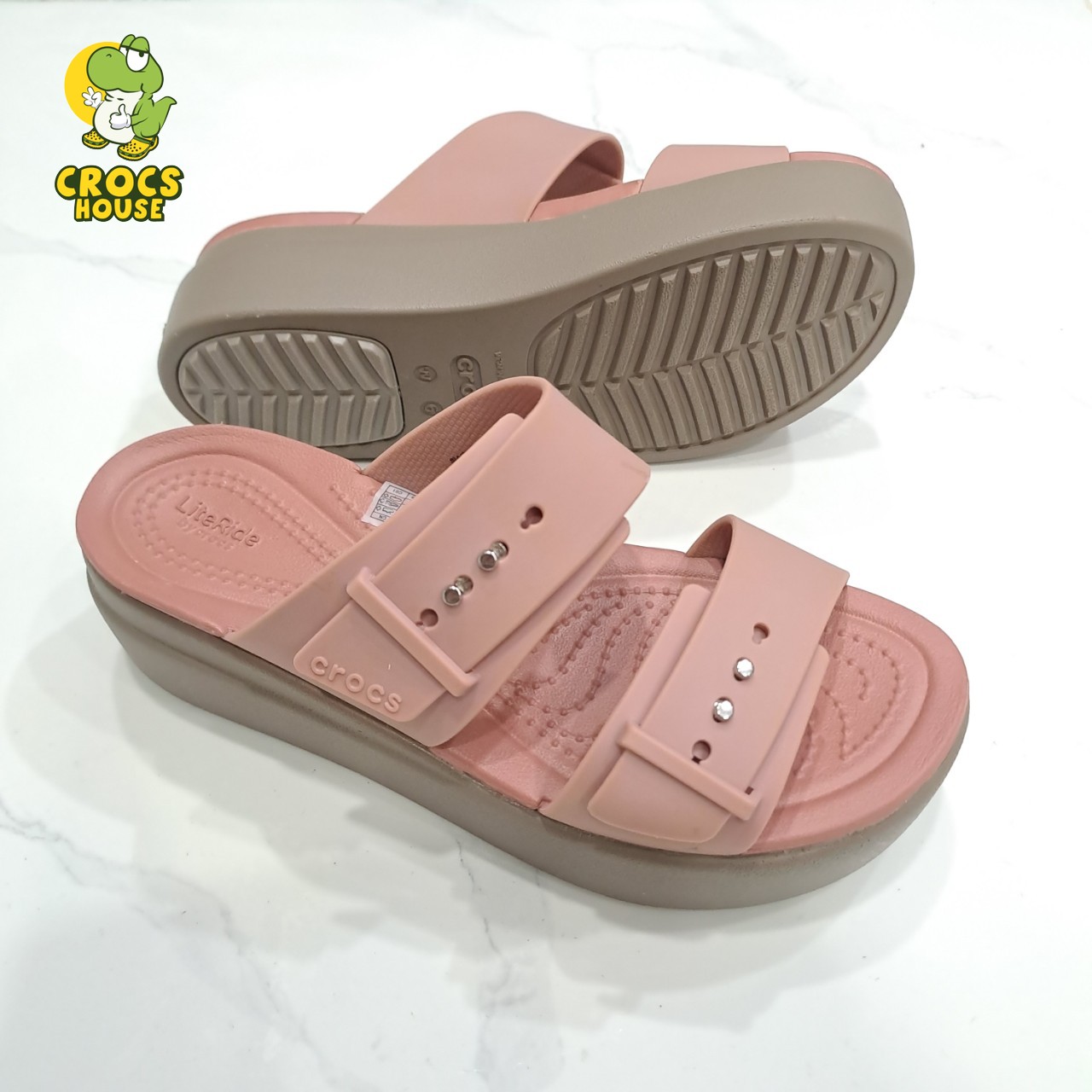 (Real photo) sandals Crocs Đế high 5 stool Brooklyn mid wedge version 2 multi-color, sandals horizontal straps buttoned Brooklyn-CR