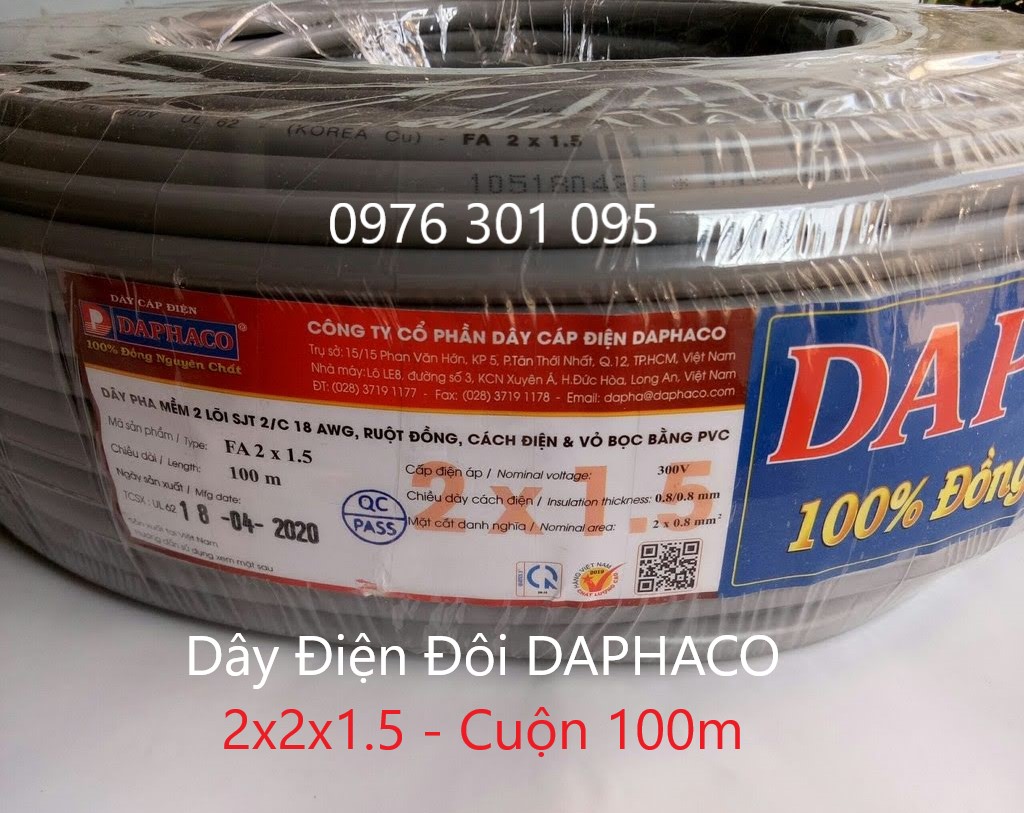 [Daphaco] Dây Điện Đôi Xám Tròn Fa 2X2X1.0 / 2X2X1.5 / 2X2X2.5 [Cuộn 100M] - Đèn Led Thiên Vân