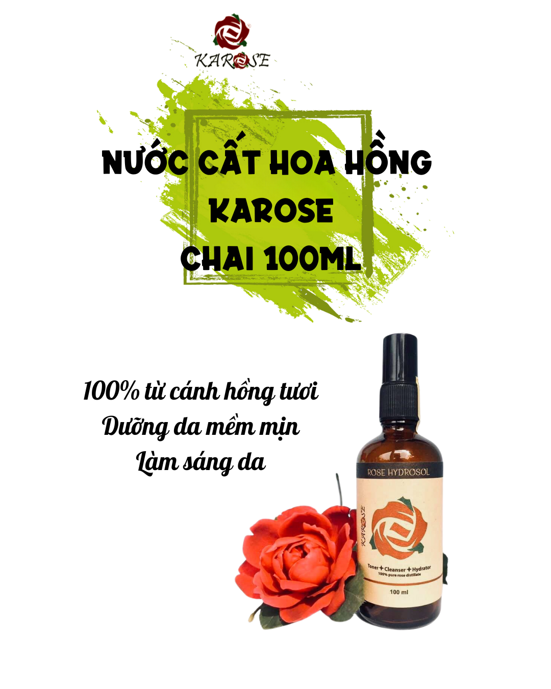Karose Nước Hoa Hồng Hữu Cơ (Toner hoa hồng) Giúp cân bằng da, dưỡng ẩm da, cho làn da sáng mịn Chai 100ml Koshka Home