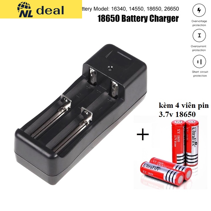 Nldeal bộ sạc ultra 3,7v 4,2v model mhx282 tương thích sạc các dòng pin 18650 16340 14500 10440 26650 kèm 4 viên pin lion 3,7v 18650