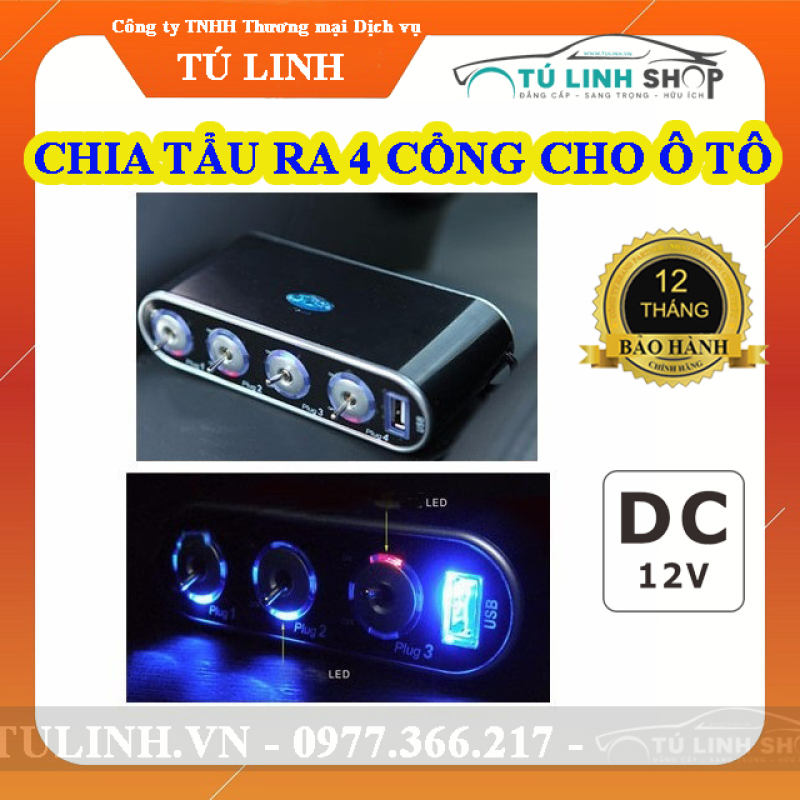 Bộ chia tẩu ô tô thành 4 cổng + 1 Usb có đèn led sang trọng