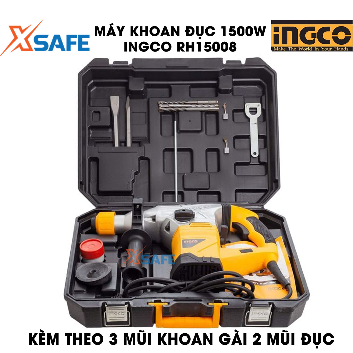 Machine drill chisel 1500W INGCO RH15008 attached 3 drill bit Tuck and 2 tip chisel. Machine drill chisel hand have no-load speed 750 within minutes, speed beating 3000 BPM, force beating 5J, genuine warranty 6 months-product genuine XSAFE