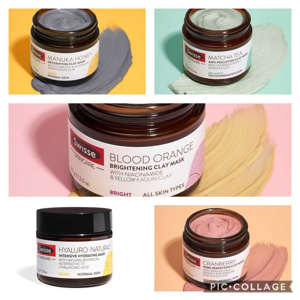 (MẪU MỚI) Mặt nạ đất sét Swisse Úc Clay Mask Manuka Honey/ Matcha / Blood Orange/ Hyaluronic 70g