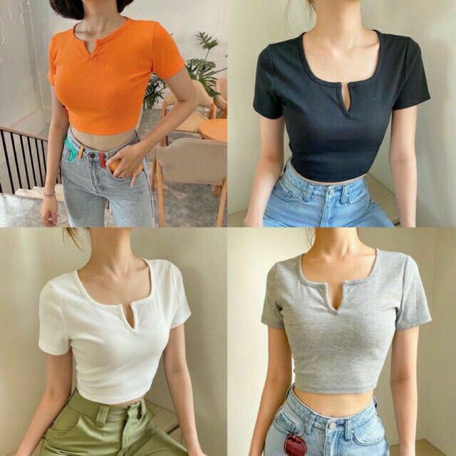 Áo Croptop Cổ V Nữ 🌸 Croptop Thun Tăm Cộc Tay Siêu Hot