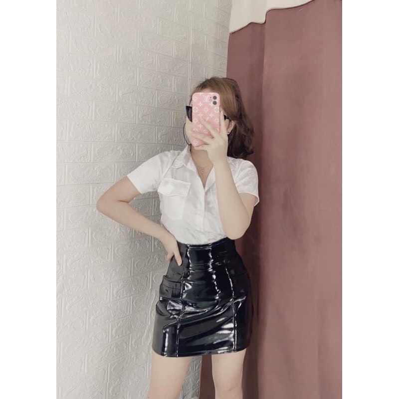 áo sơ mi lụa gấm cộc tay 2 túi ngực