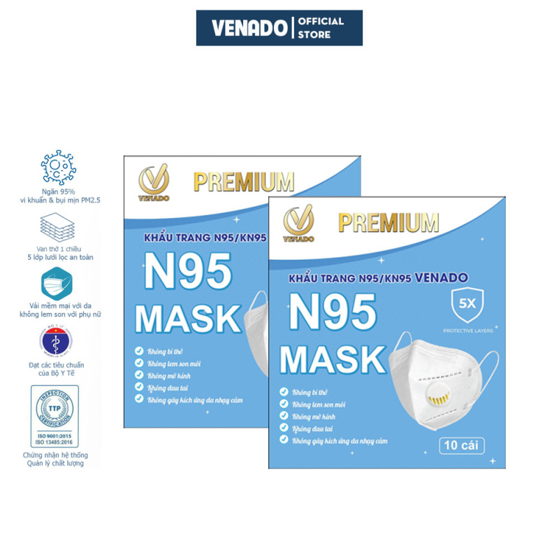 Bảng giá Combo 2 Hộp khẩu trang N95 có van lọc bụi mịn PM2.5 kháng khuẩn 5 lớp cao cấp Venado