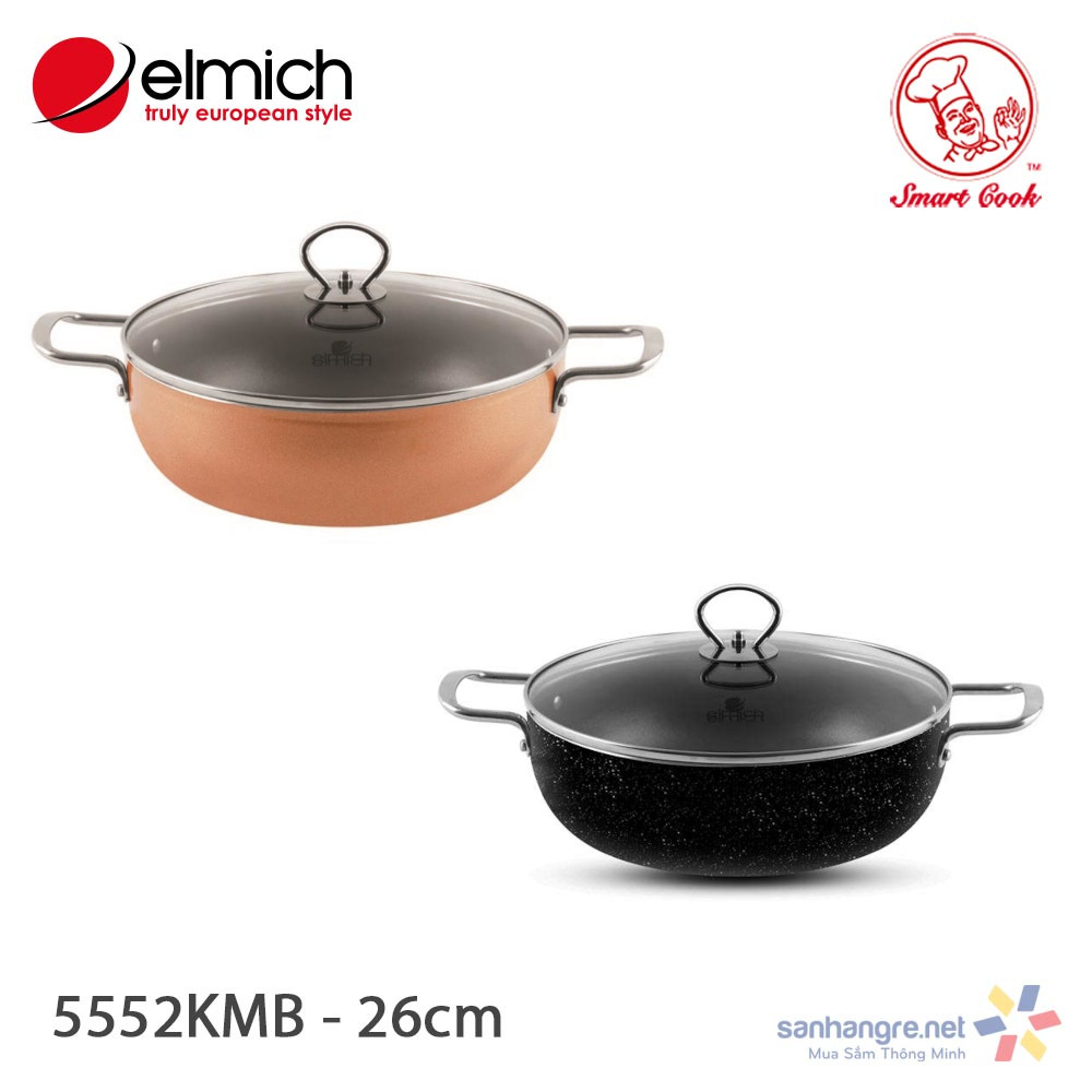 Nồi lẩu vân đá chống dính đường kính miệng 26cm Elmich Smartcook SM-5552KMB vung kính dùng bếp từ - Hàng chính hãng