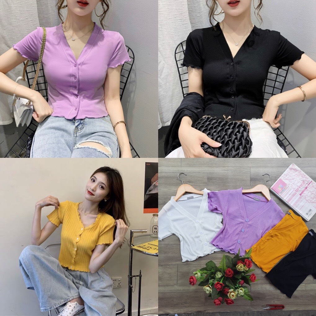 áo croptop đính 3 cúc giả thun gân