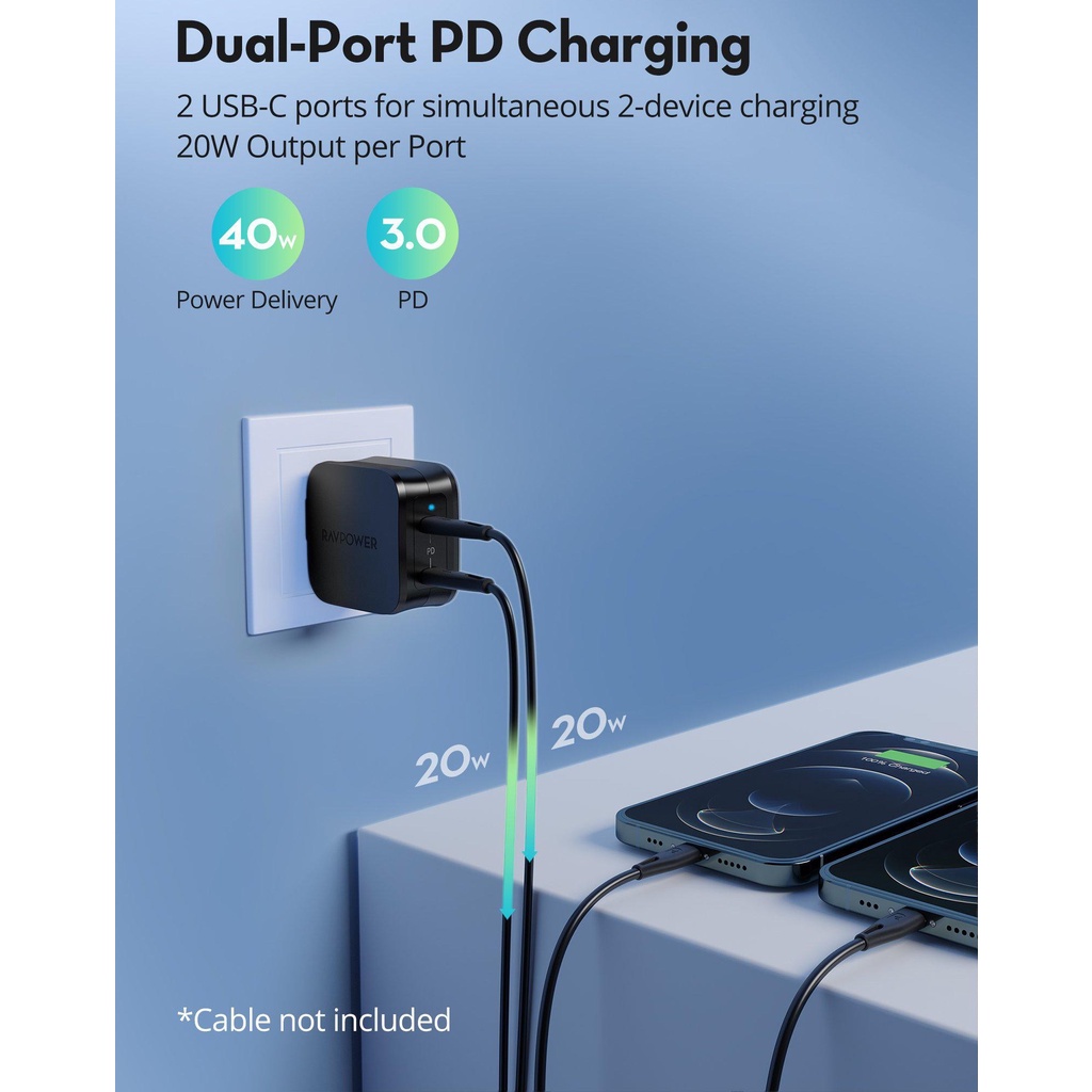 [Original] Cốc sạc nhanh RAVPOWER 2 cổng USB-C PD 40W