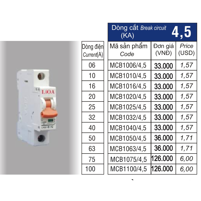 Cầu Dao Tự Động (APTOMAT) 1 Cực LIOA Dòng Cắt 4,5KA