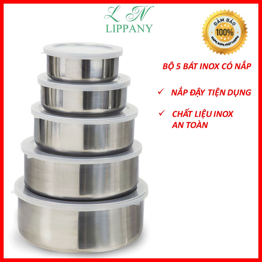Set 5 bowl stainless steel high-end multi-size, has fitted cover food super handy
