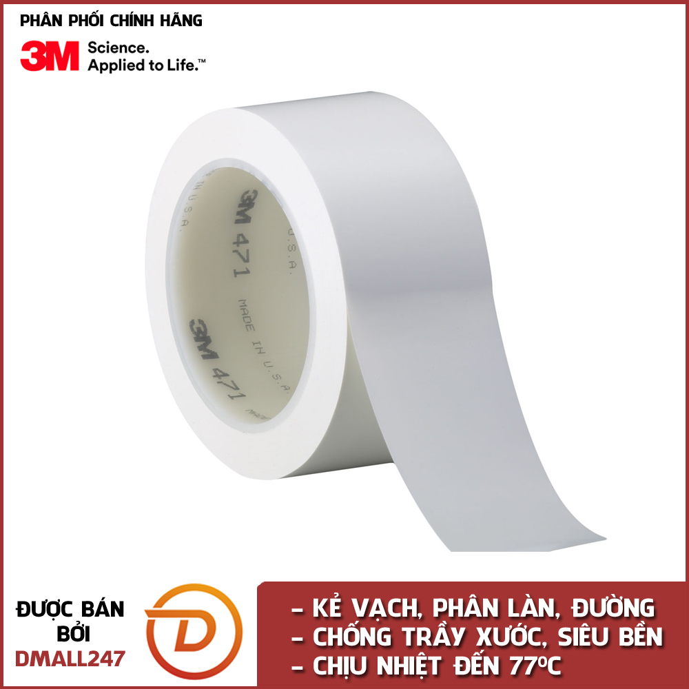 Băng keo dán nền nhiều màu chịu nhiệt, chống trầy xước 50mm x 33m 3M 471 - phân chia khu vực, vị trí, làn đường, cảnh báo nguy hiểm, độ bền cao - Dmall247, chịu nhiệt, chống trầy xước