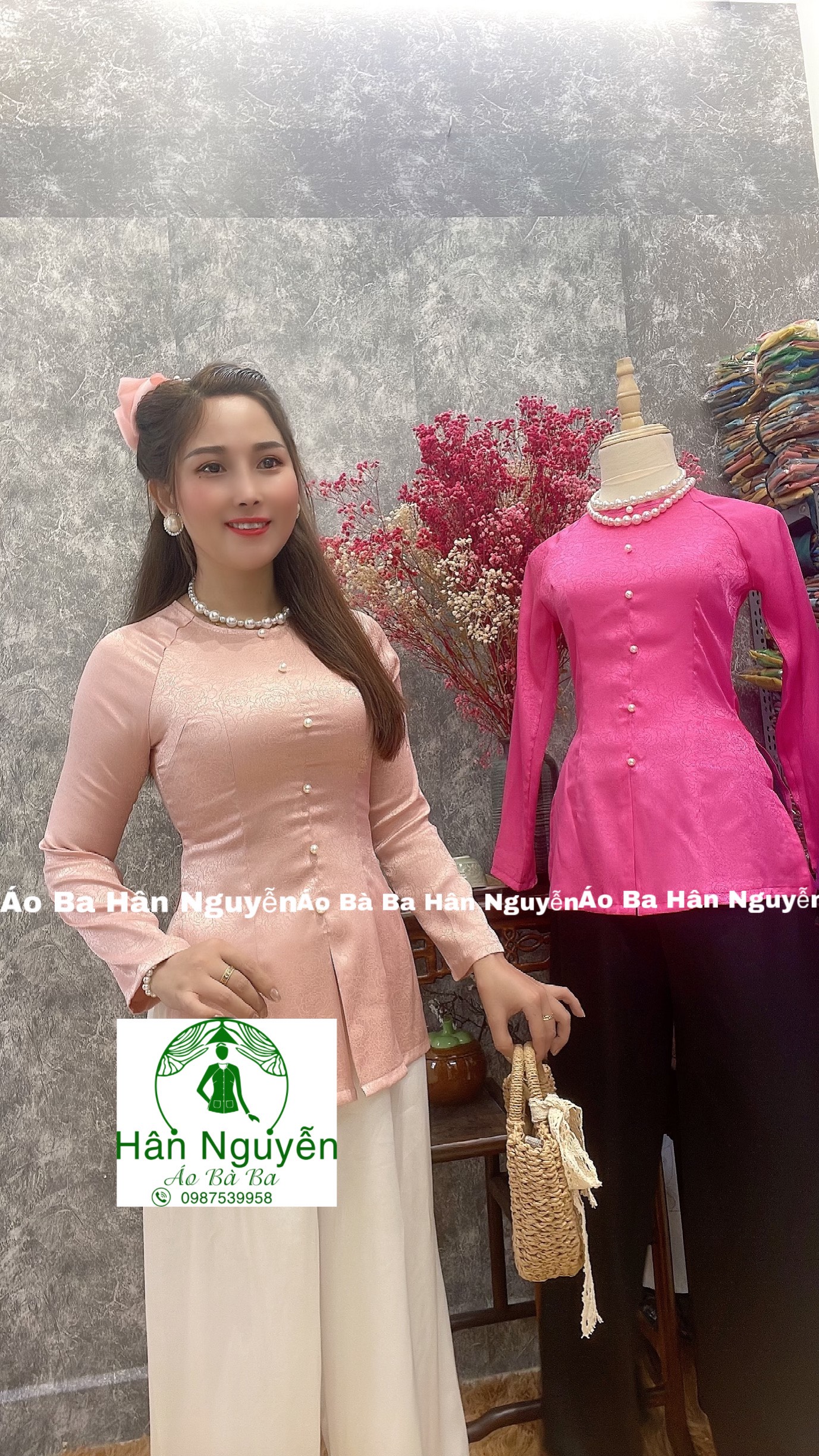 ÁO BÀ BA GẤM DÂY KÉO (HOA HỒNG) + QUẦN TRẮNG