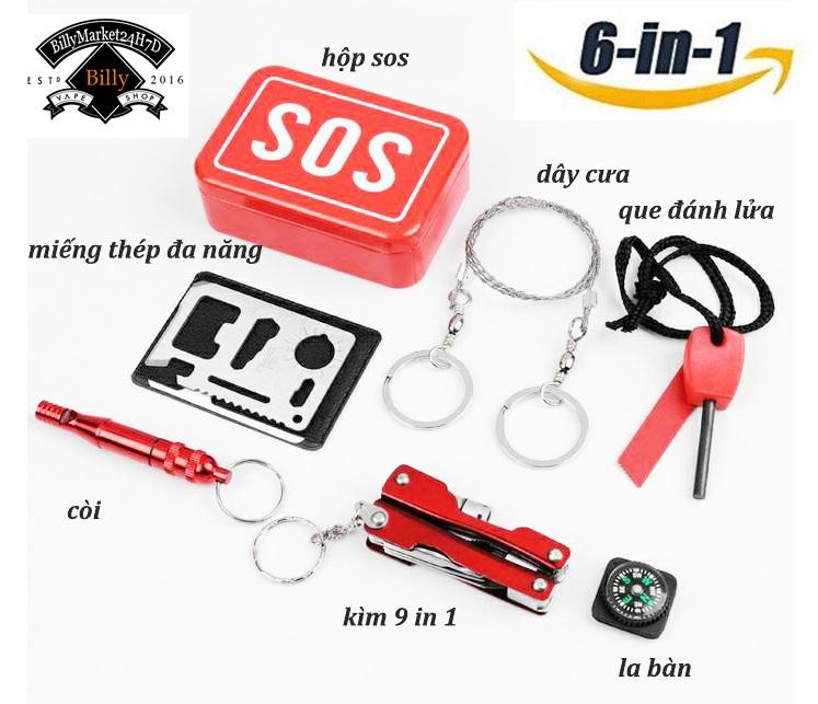 Bộ dụng cụ sinh tồn SOS 7 món - kìm đa năng + dây cưa + còi + la bàn + đánh lửa + thép đa năng + Hộp đựng
