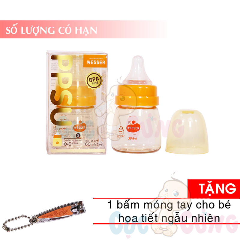 Bình sữa Wesser PPSU cổ nhỏ Tặng 1 cắt móng tay họa tiết ngẫu nhiên - binh sua co thuong