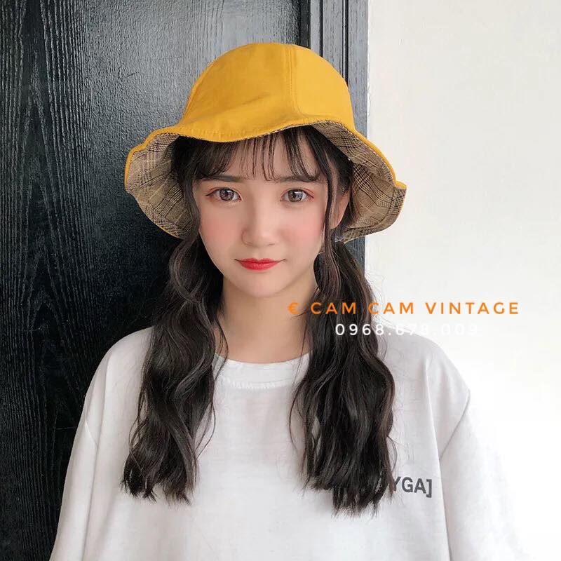 MŨ BUCKET VÀNG ULZZANG ĐỘI HAI MẶT ĐỘI 2 KIỂU ( 1 MẶT CARO + 1 MẶT MÀU )