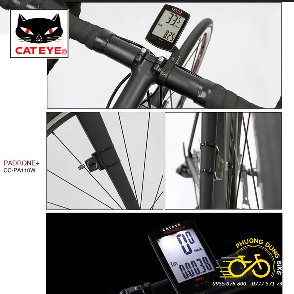 Đồng hồ đo tốc độ xe đạp không dây CATEYE Padrone+ CC PA110W (Japan - Có Đèn Nền)