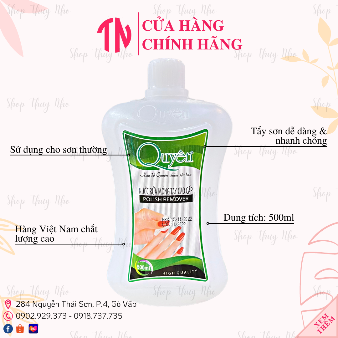 [LOẠI 1 CAO CẤP] Acetone, Axetone, Nước tẩy móng, nước chùi móng tay Acetone Quyên - 500ml dụng cụ làm móng tay chuyên nghiệp nail