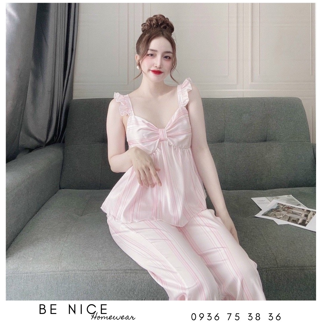 Set lụa dài mặc nhà nơ tay cánh tiên