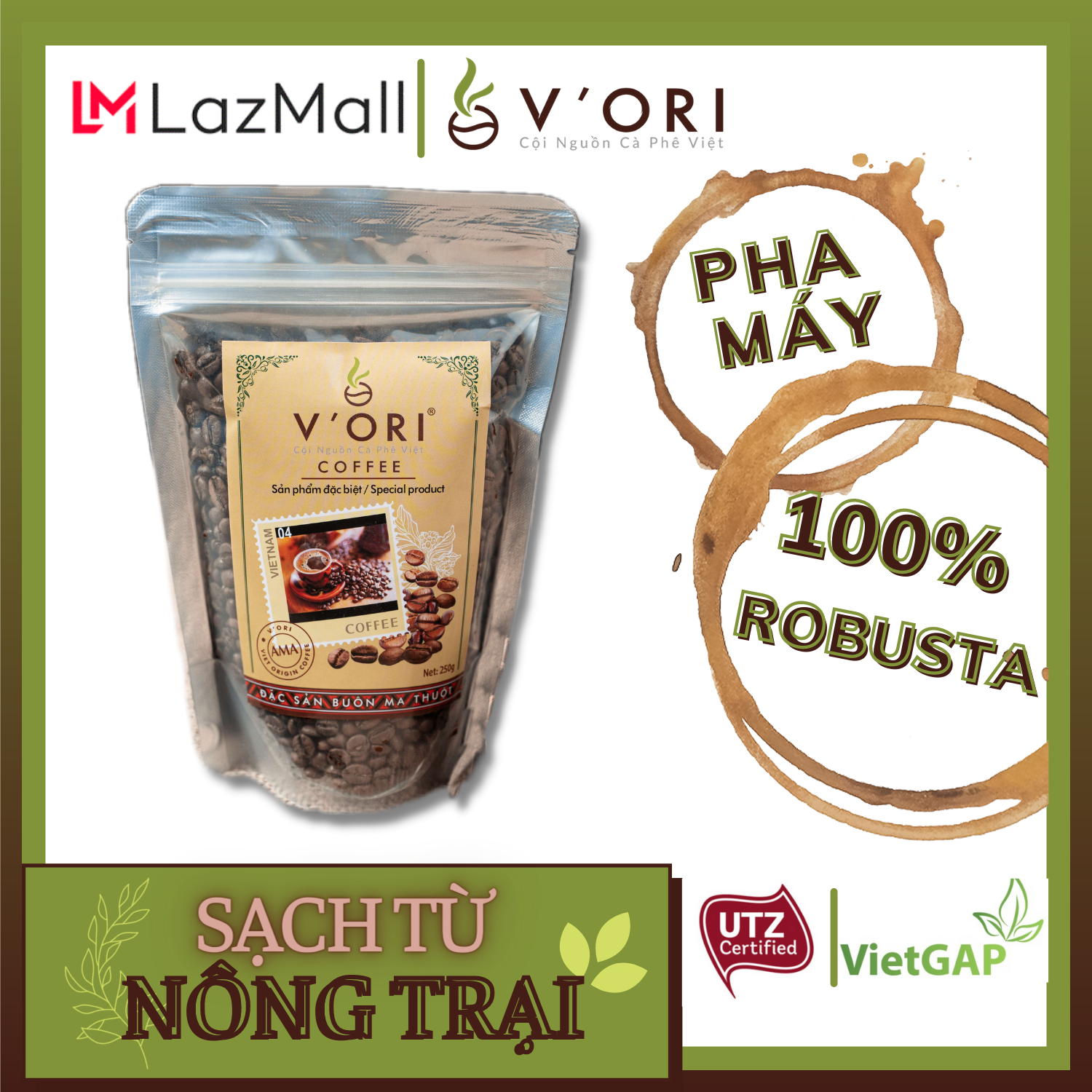 CÀ PHÊ HẠT RANG AMA 100% ROBUSTA 250GR (CHỨNG NHẬN UTZ & VIETGAP)