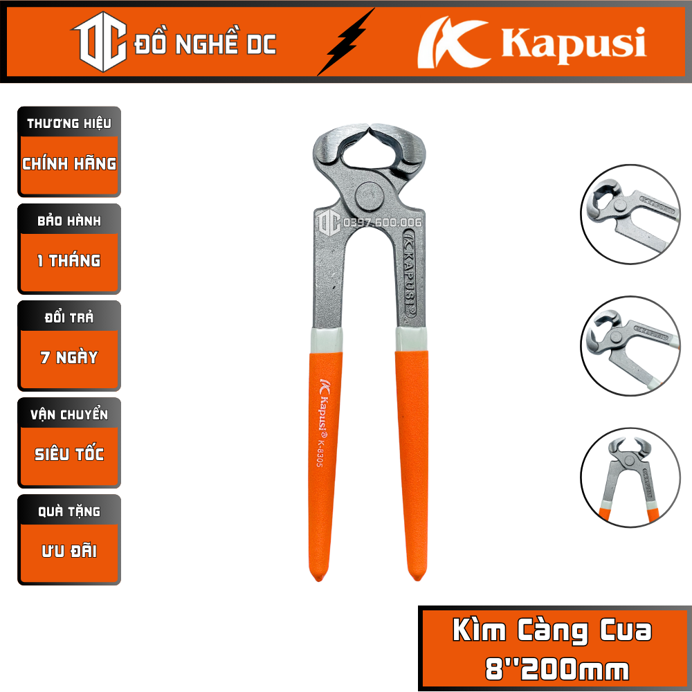 Kìm càng cua, kìm nhổ đinh, kềm đầu cong 8''200mm k-8305 kapusi nhật bản thép carbon 1055 dùng để cắt dây, uốn thép, nhổ đinh