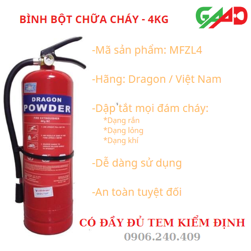 PCCC Bình cứu hỏa Dragon, Bình bột chữa cháy ABC 4kg, Bình dập lửa