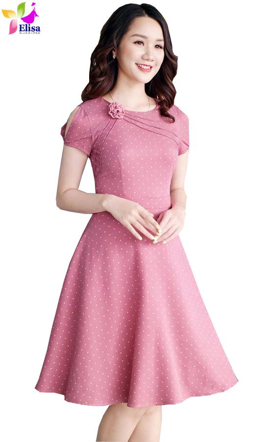 Đầm váy  –  Đầm xoè chấm bi hoa mí cổ DVCC86 cao cấp