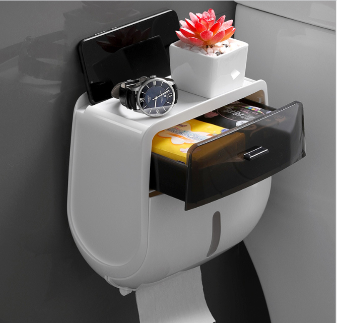 [HCM]Hộp đựng giấy vệ sinh đa năng - Hộp giấy cuộn kèm ngăn kéo - Hộp đựng giấy gắn tường đa năng cao cấp 2 tầng - Khay gắn tường đa năng có khe điện thoại - Đồ dùng nhà vệ sinh