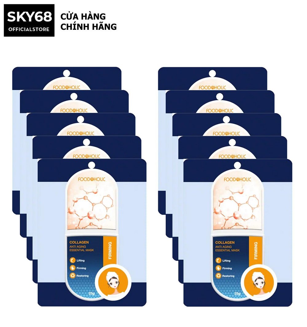 Hộp 10 Mặt Nạ Chống Lão Hóa, Bổ Sung Collagen Mờ Nếp Nhăn Foodaholic Firm Collagen Anti Aging Essential Mask 23g x 10