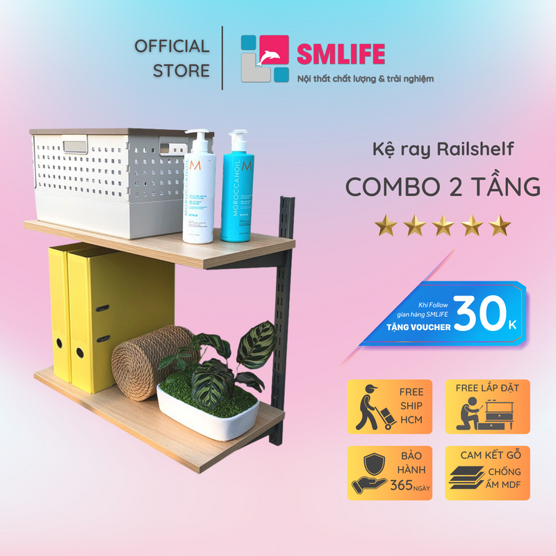 Kệ Railshelf 2 tầng H60cm - Kệ treo tường tùy biến kích thước & vị trí màu trắng/vân sồi hiện đại