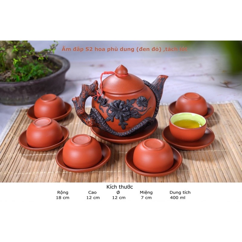 Bộ ấm chén, bộ tách trà tử sa đắp nổi Bát Tràng