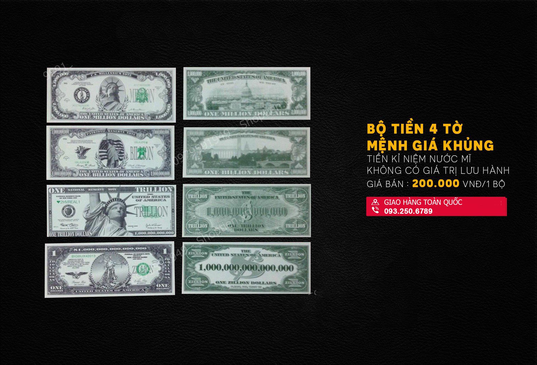 Combo 4 Tờ Tỷ Triệu USD Mỹ lưu niệm, quà tặng may mắn