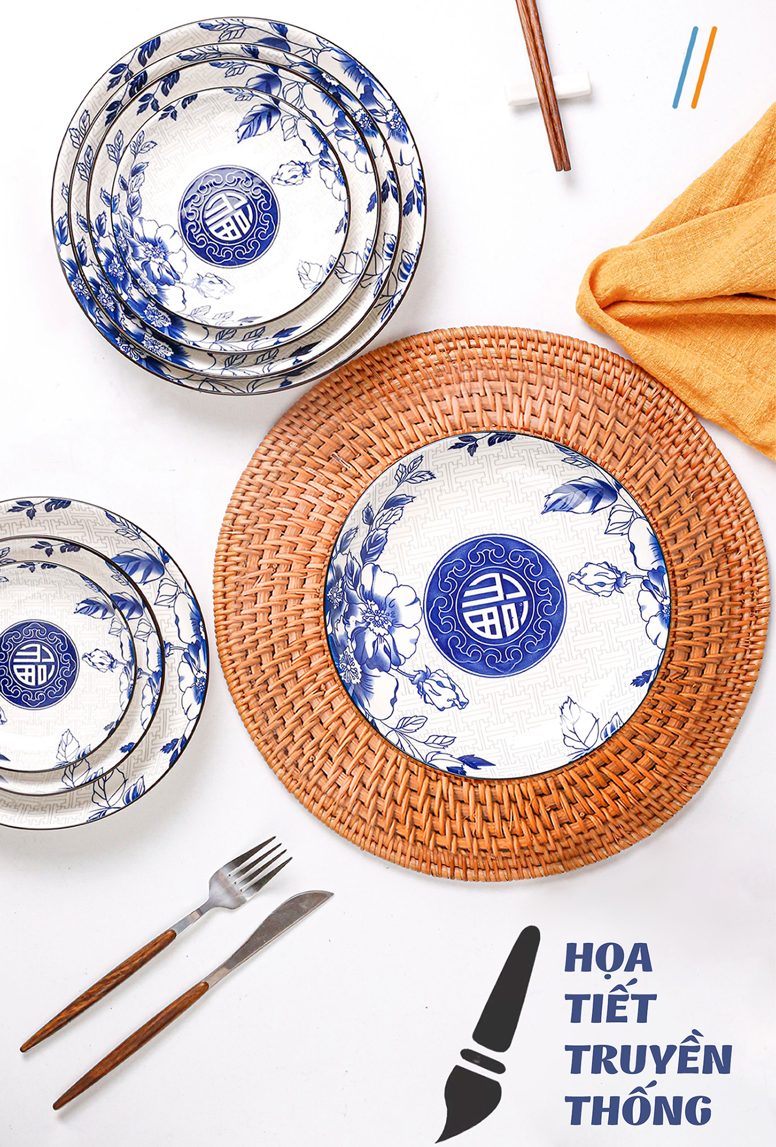 Dĩa tròn gốm sứ hoa văn Chữ Phúc 4D