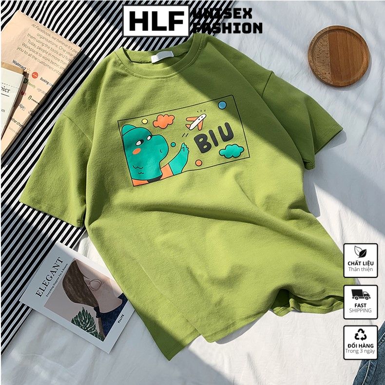 Áo thun tay lỡ unisex khủng long BIU, áo phông form rộng tay lỡ HLFashion