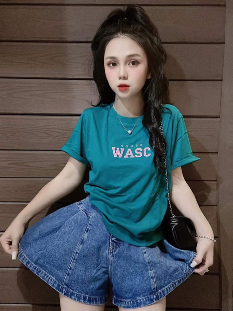 Áo thun Thái nữ dáng vừa phối chữ ( Mã WASC phom vừa )
