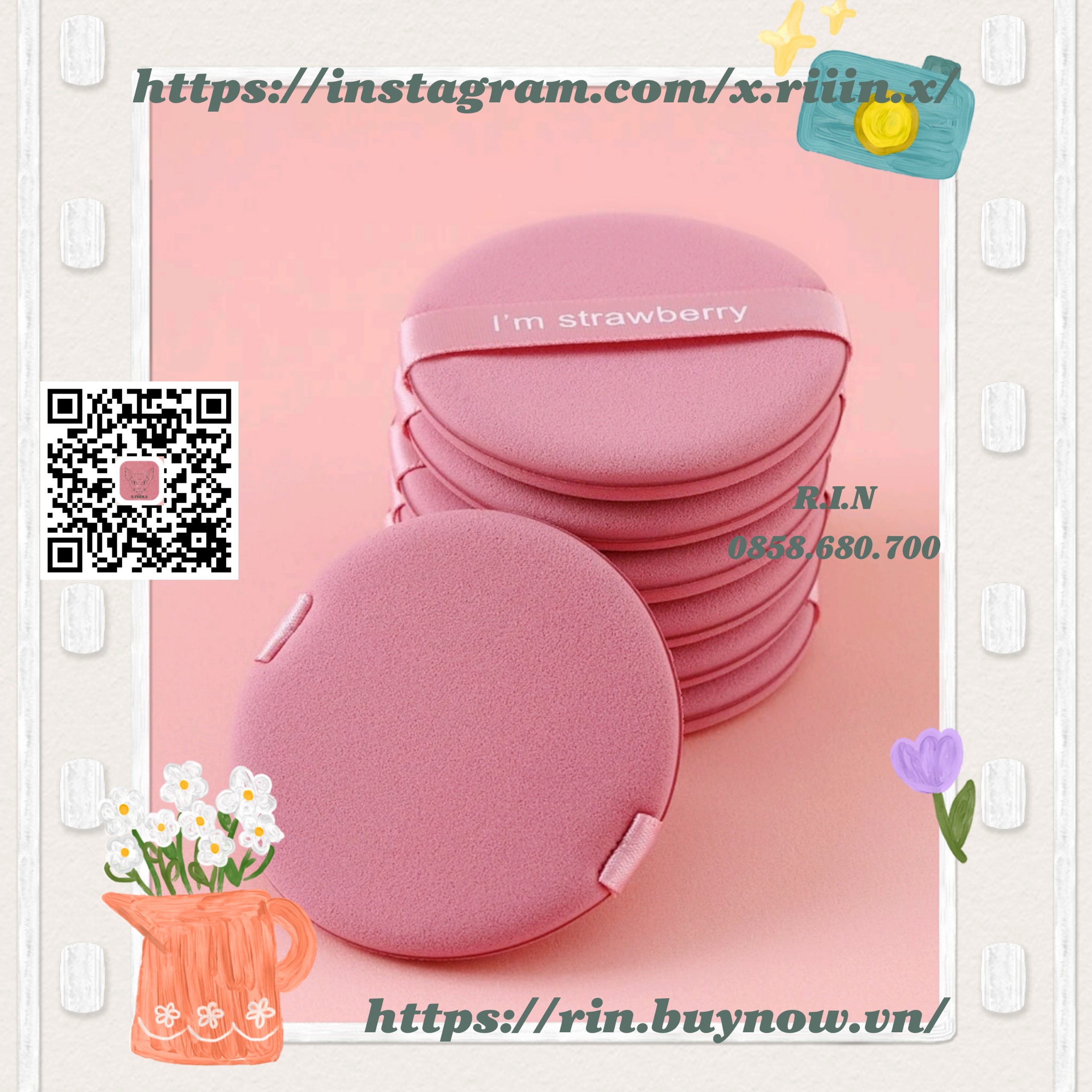 RIIIN Combo 7 miếng bông trang điểm Strawberry