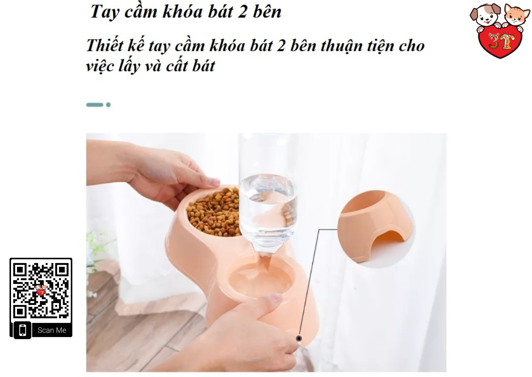 Bát ăn 2 ngăn có bình nước tự động dành cho chó mèo
