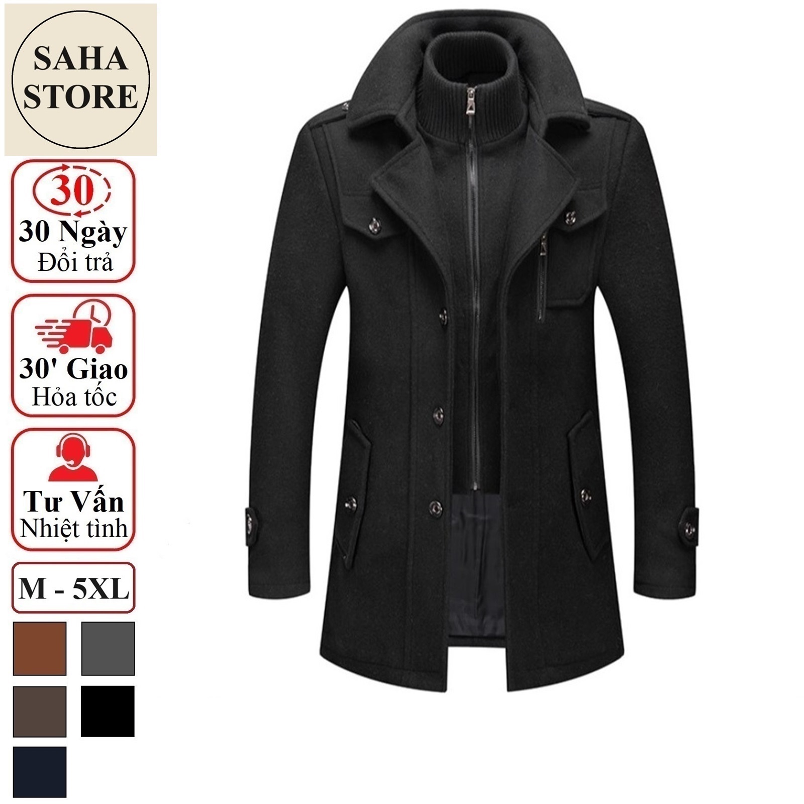 Áo khoác nam cao cấp SAHA24 dạ len lông cừu ấm big size to đại 80kg 90kg 100kg màu đen nâu xám manto măng tô dáng ngắn