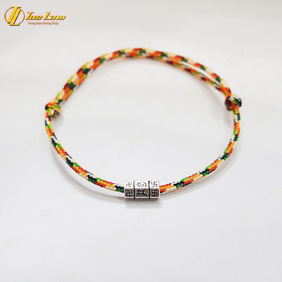 Vòng tay chỉ ngũ sắc tây tạng may mắn mix charm ống trụ khắc chú bình an - Tuệ Lâm