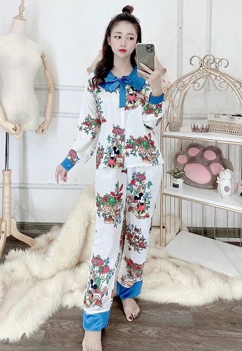 [HCM]SÉT BỘ LỤA SATIN BÁNH BÈO CỔ PHỐI THÊM NƠ