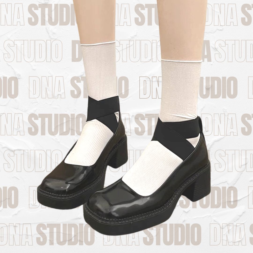 Giày búp bê lolita mũi vuông quai thun chéo mới lạ đế cao 5 cm phong cách hiện đại, xinh xắn