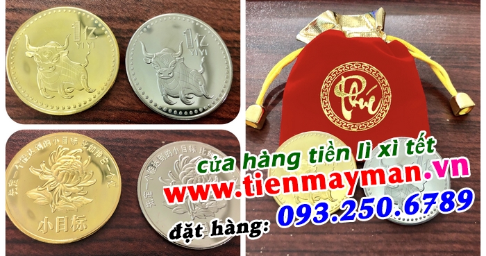 Bộ 2 đồng xu may mắn hình  Trâu lì xì Tết của Đài Loan , tặng túi gấm PHÚC